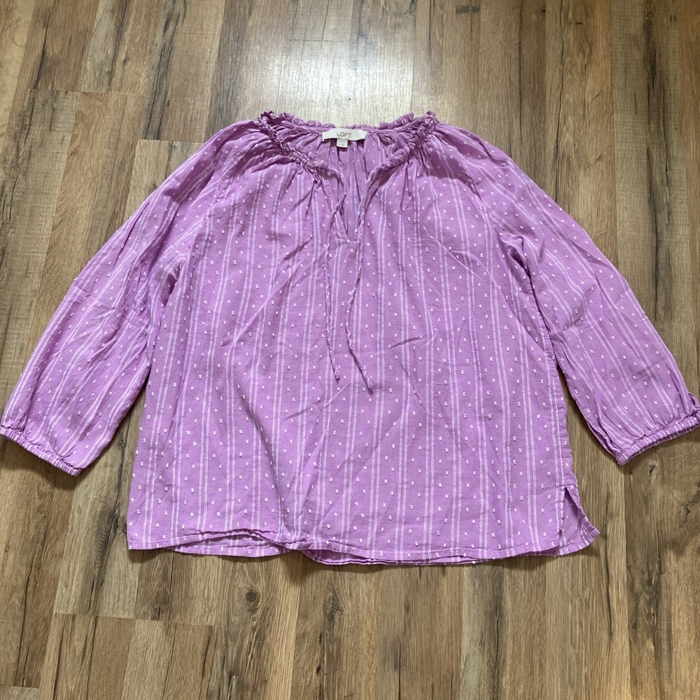 Loft Open Tie Neck Women's Blouse Size L Purple Boho Spring Lightweight Preppy